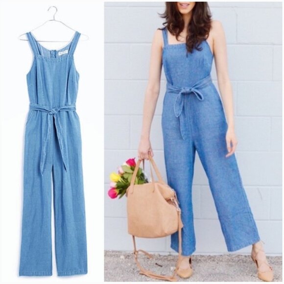 Madewell Blue Cotton Linen Chambray Muralist Wide Leg Jumpsuit with Belt Size 0 - Picture 16 of 16